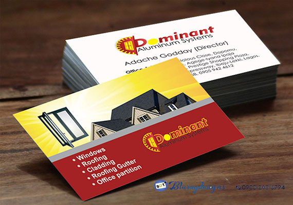 Business Card Design + Print for Dominant Aluminium with a round edge cut and glossy lamination finishing.